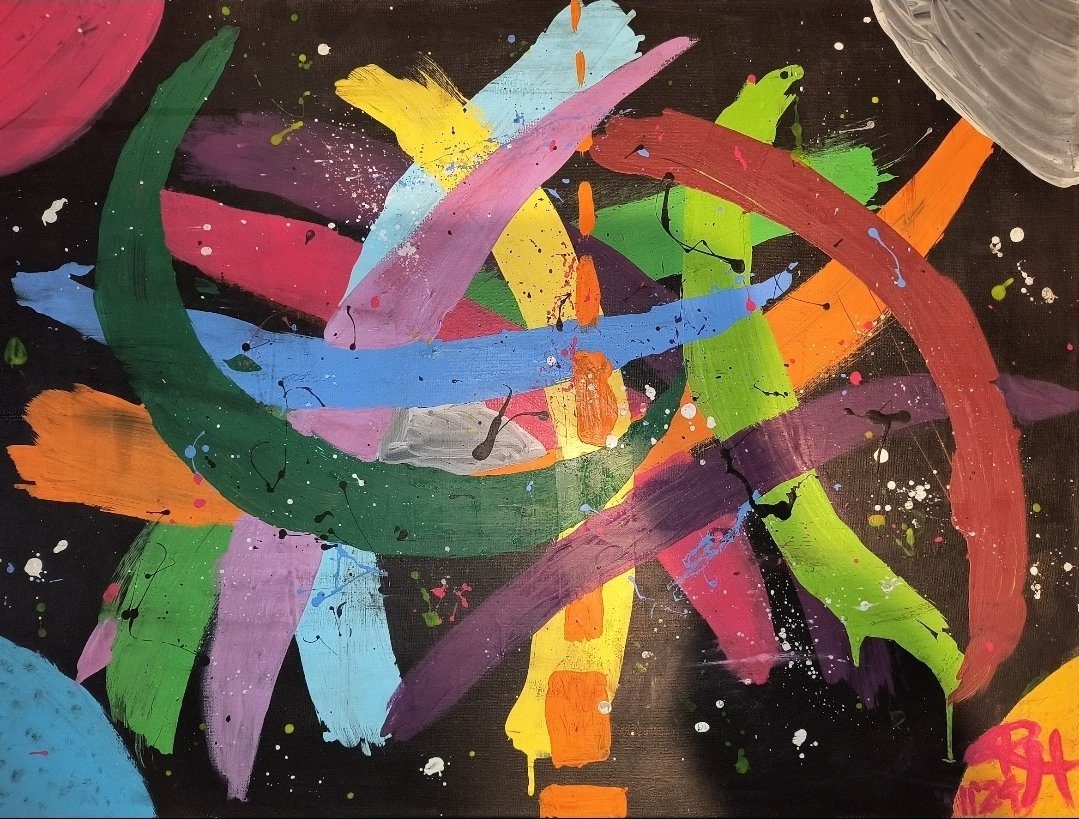 Abstract Strokes — colourful paint strokes on black, acrylic on canvas