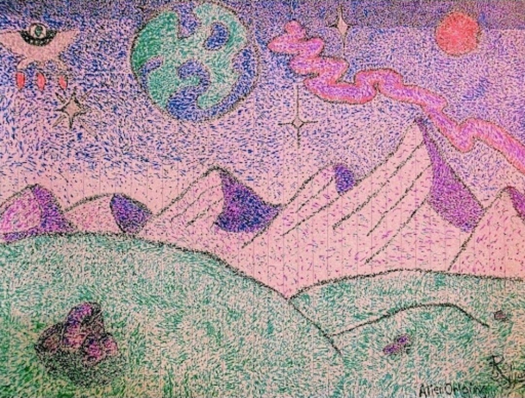 AlienOrigins — a pointillism landscape of purple mountains under a starry sky with a green planet, a red sun and a small UFO
