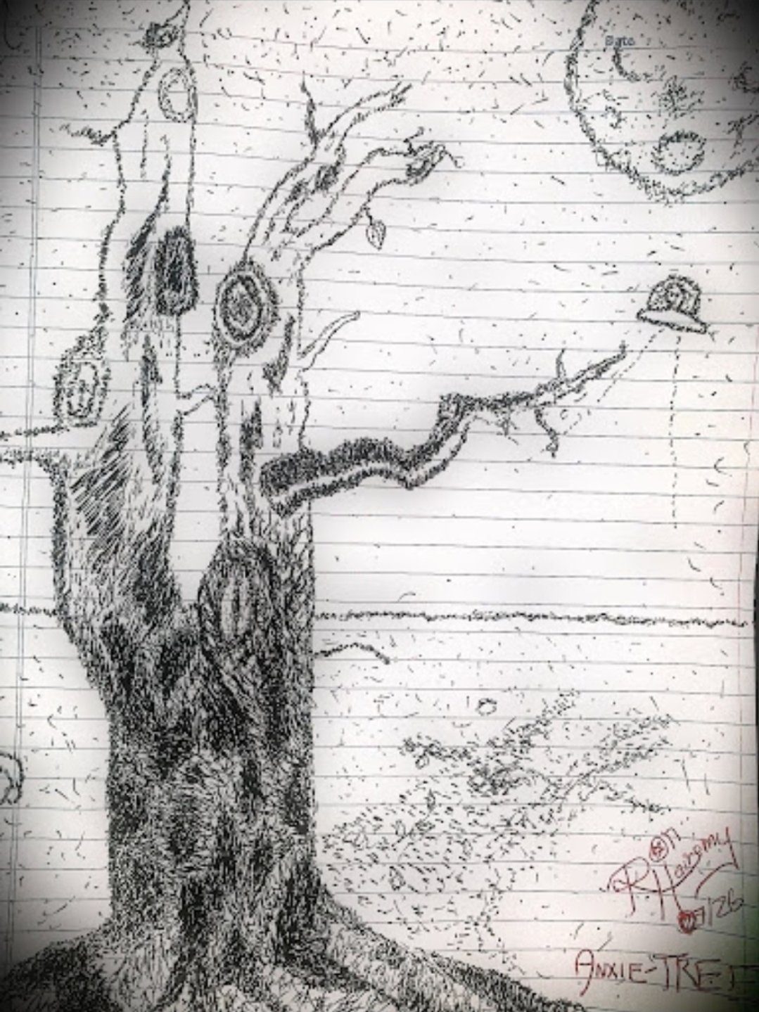 anxie-TREE v1 — a gnarled pointillism tree with hollow knots on lined notebook paper, a UFO and moon in the sky