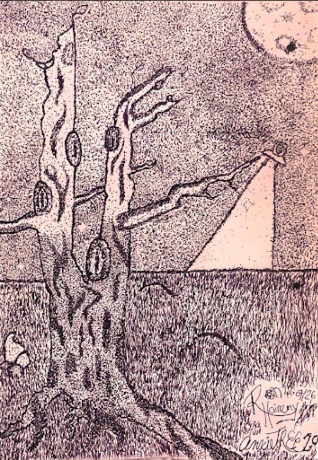 anxieTREE 2.0 — the full-canvas pointillism tree at night, a UFO's beam falling on the branches beneath a full moon
