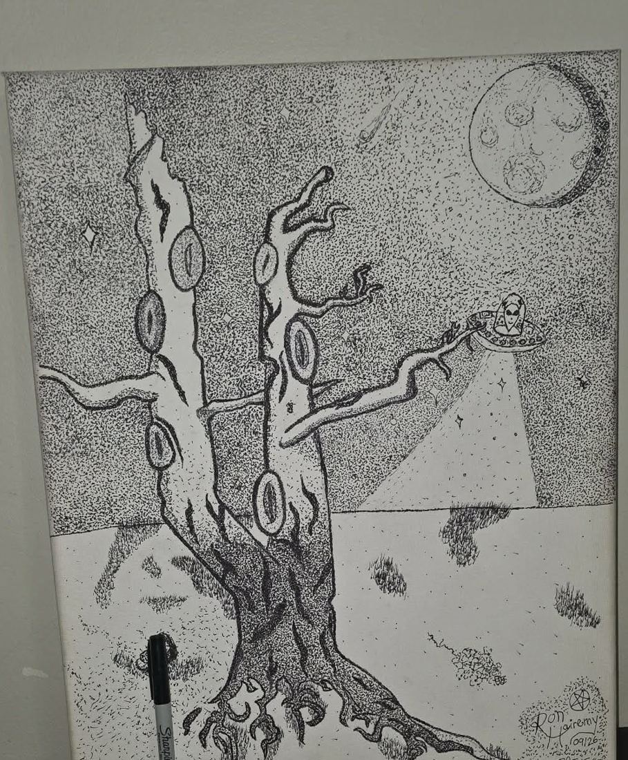 anxieTREE 3.0 — pointillism canvas, 18 by 24 inches, Sharpie for scale