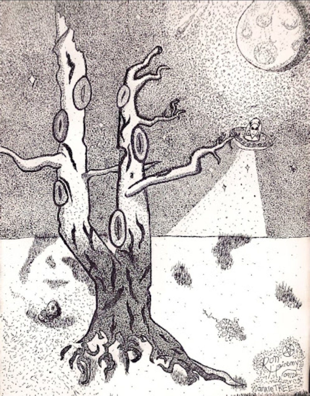 anxieTREE v2 — a black and white pointillism tree under a starry night sky with a full moon and a UFO beaming down
