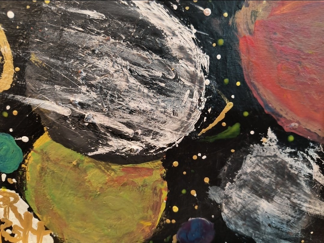 Synxxor and Deviorre — planets, stars and a comet in pastel on dark paper