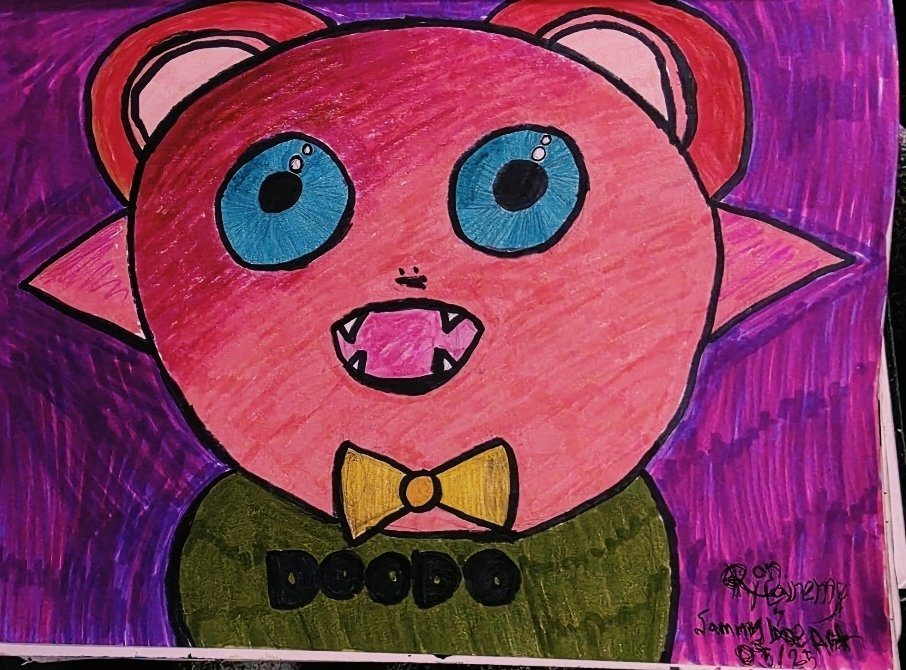 Deodo — a pink creature with a bow tie, marker on paper