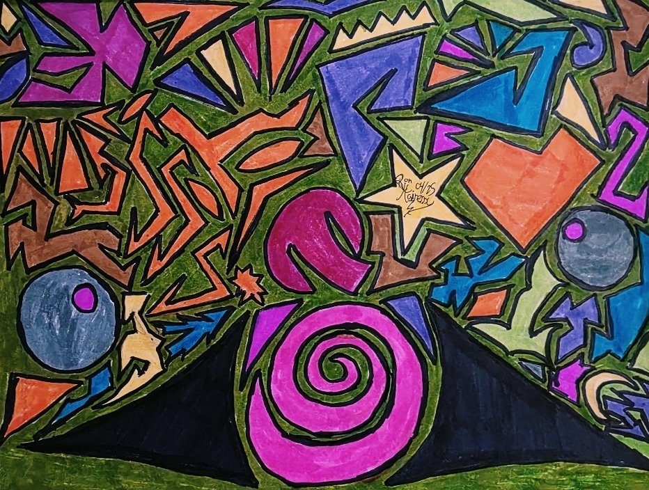 Geometric — an abstract composition of shapes in green, orange and purple, marker on paper
