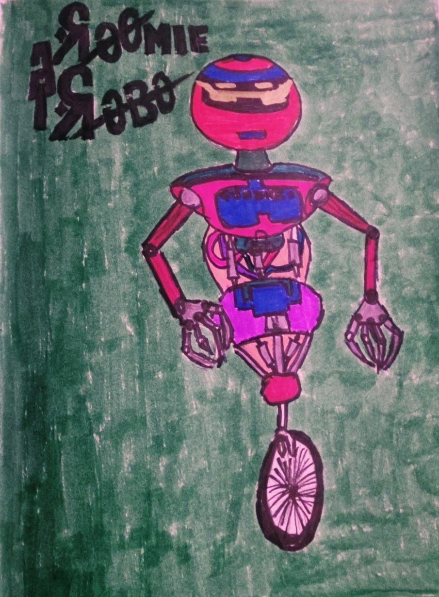 Homie Robo — a pink and blue robot balancing on a unicycle, marker on paper