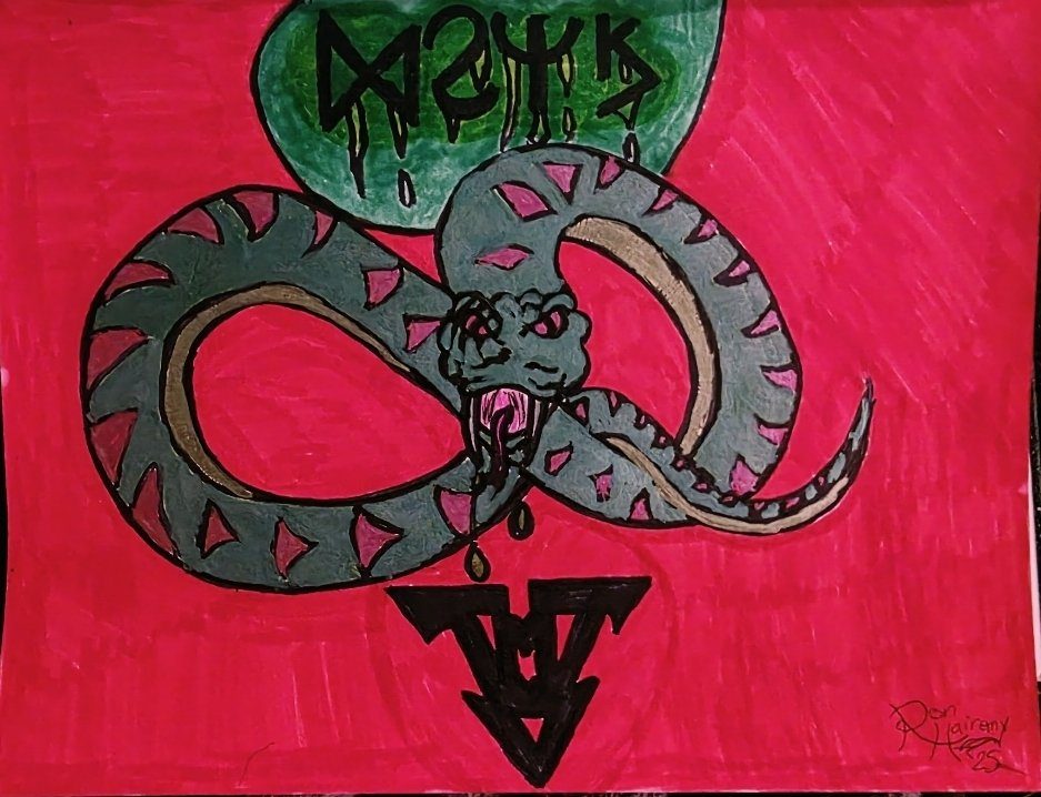 Infinity Serpent — a serpent coiled in an infinity loop on red, marker on paper