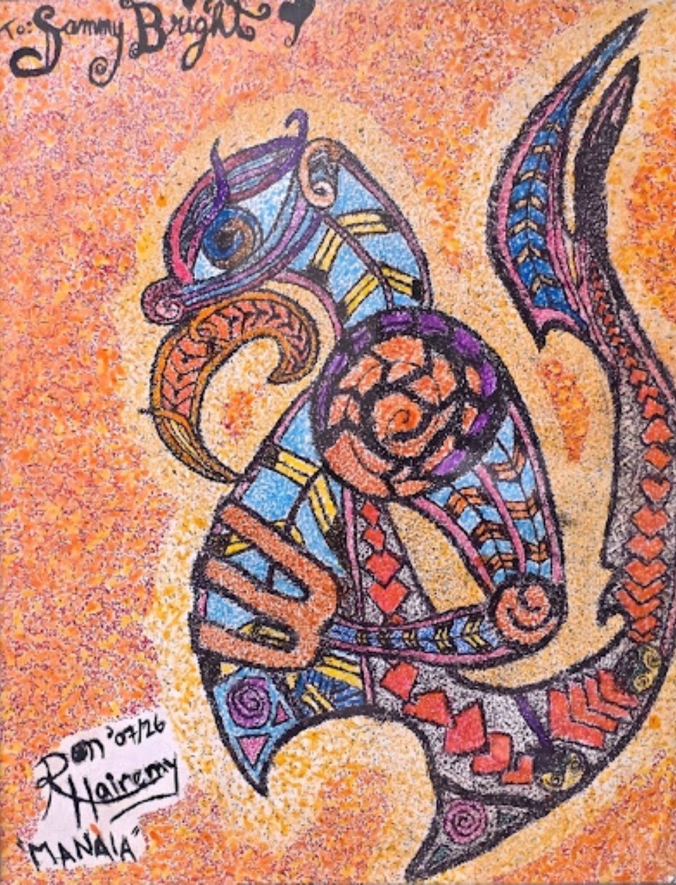 MANAIA — a blue and purple pointillism manaia creature with koru patterns on a burnt-orange background