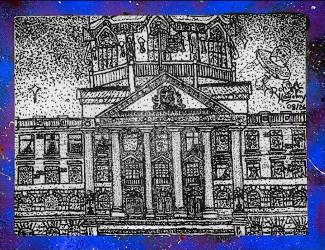 Parliament — a black pointillism drawing of a columned parliament-style building against a painted blue border