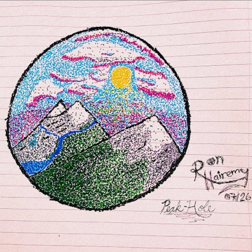 Peak-Hole — a circular pointillism mountain scene with a bright sun, waterfalls and green slopes