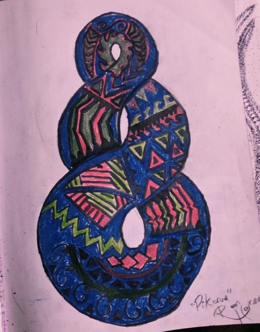 Pikaua — a blue figure-eight design with patterned motifs, marker on paper