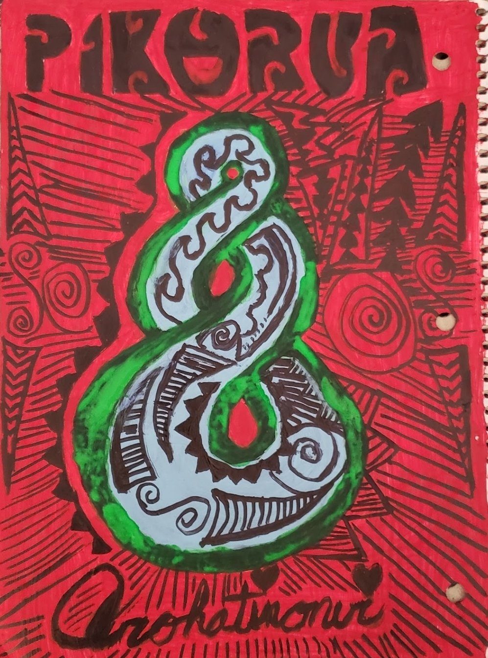 Pikorua — a green and white koru twist on red, marker on paper