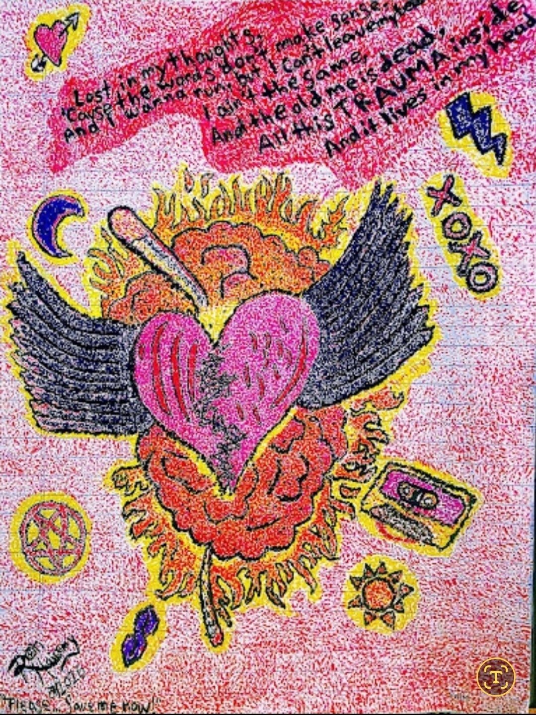 PLEASE... SAVE ME NOW! — a pointillism drawing of a winged burning heart in pink and red with handwritten lyrics, on lined paper