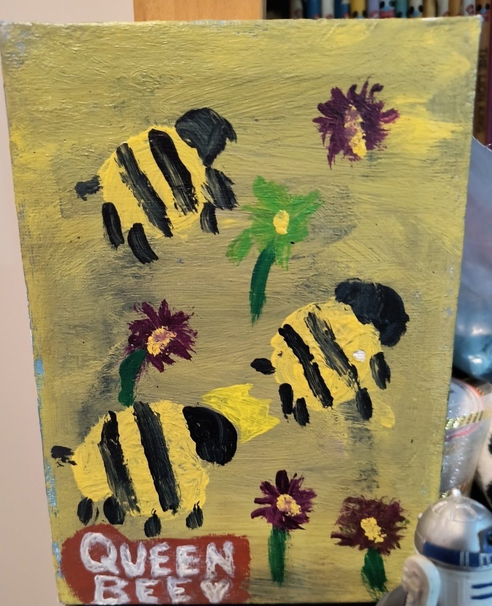 Queen Bee — bees and flowers, acrylic on canvas