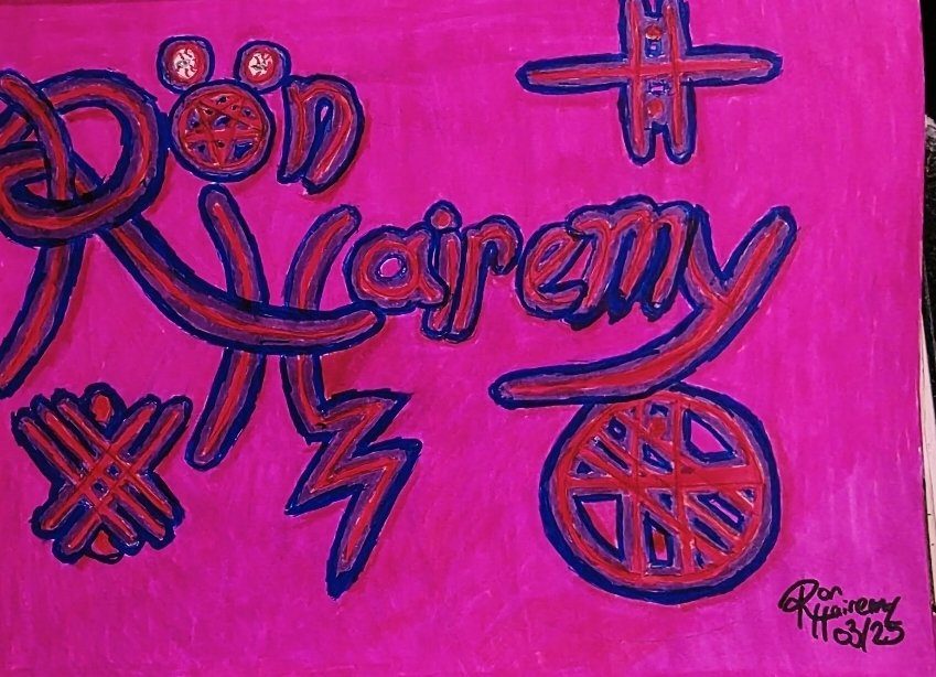 Ron Hairemy — the artist's name as graffiti art with sigils, marker on paper