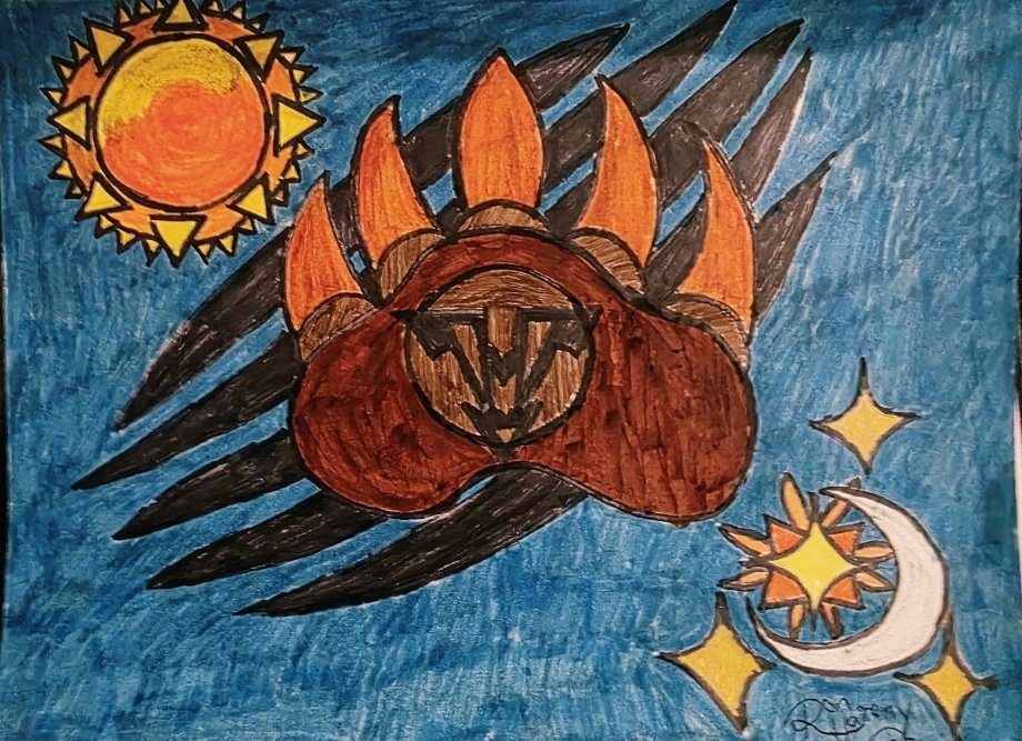 The Claw — a bear claw with sun, moon and stars, marker on paper
