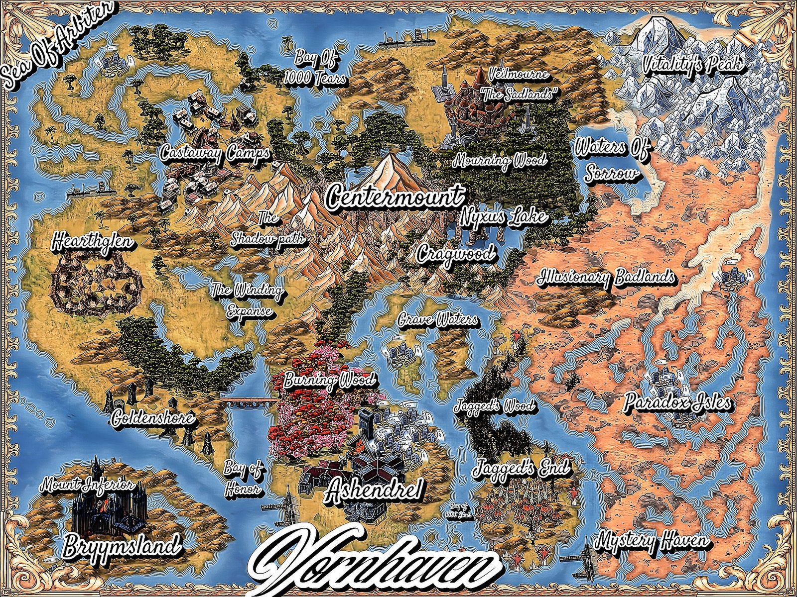The full map of Vornhaven — Centermount, the Sea of Arbiter, Ashendrel, and the Bay of 1000 Tears