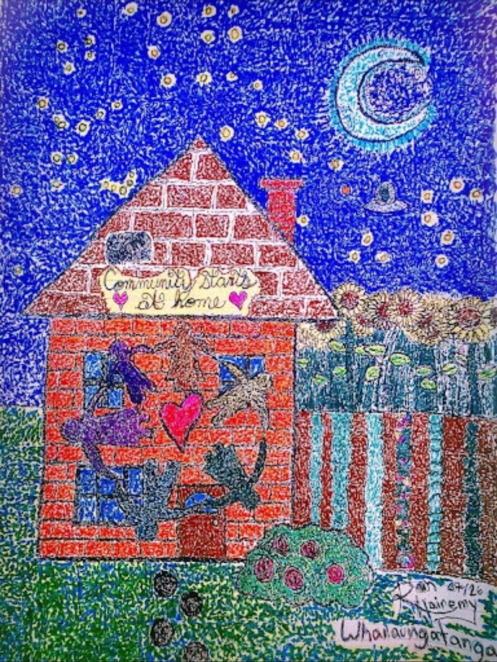 Whanaungatanga — a pointillism brick house under a starry sky with a moon, sunflowers, a fence and people holding hands
